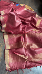 Handwoven Tussar Silk - Maroon Golden Zari