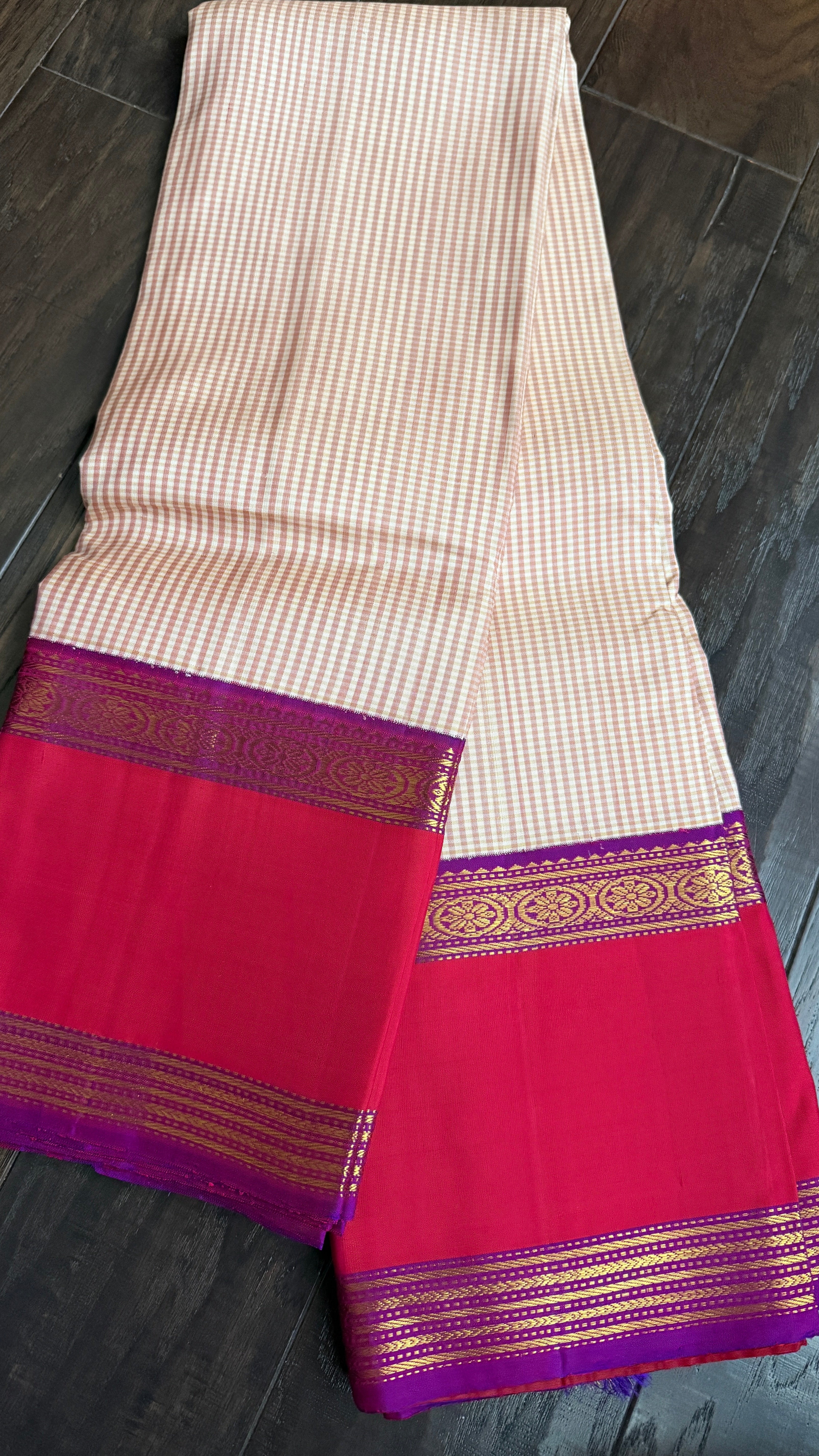 Pure Silk Kanjivaram - Cream Purple Magenta 2g Pure Zari