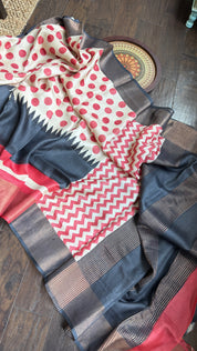 Pure Tussar Silk - Beige Red Black Polka