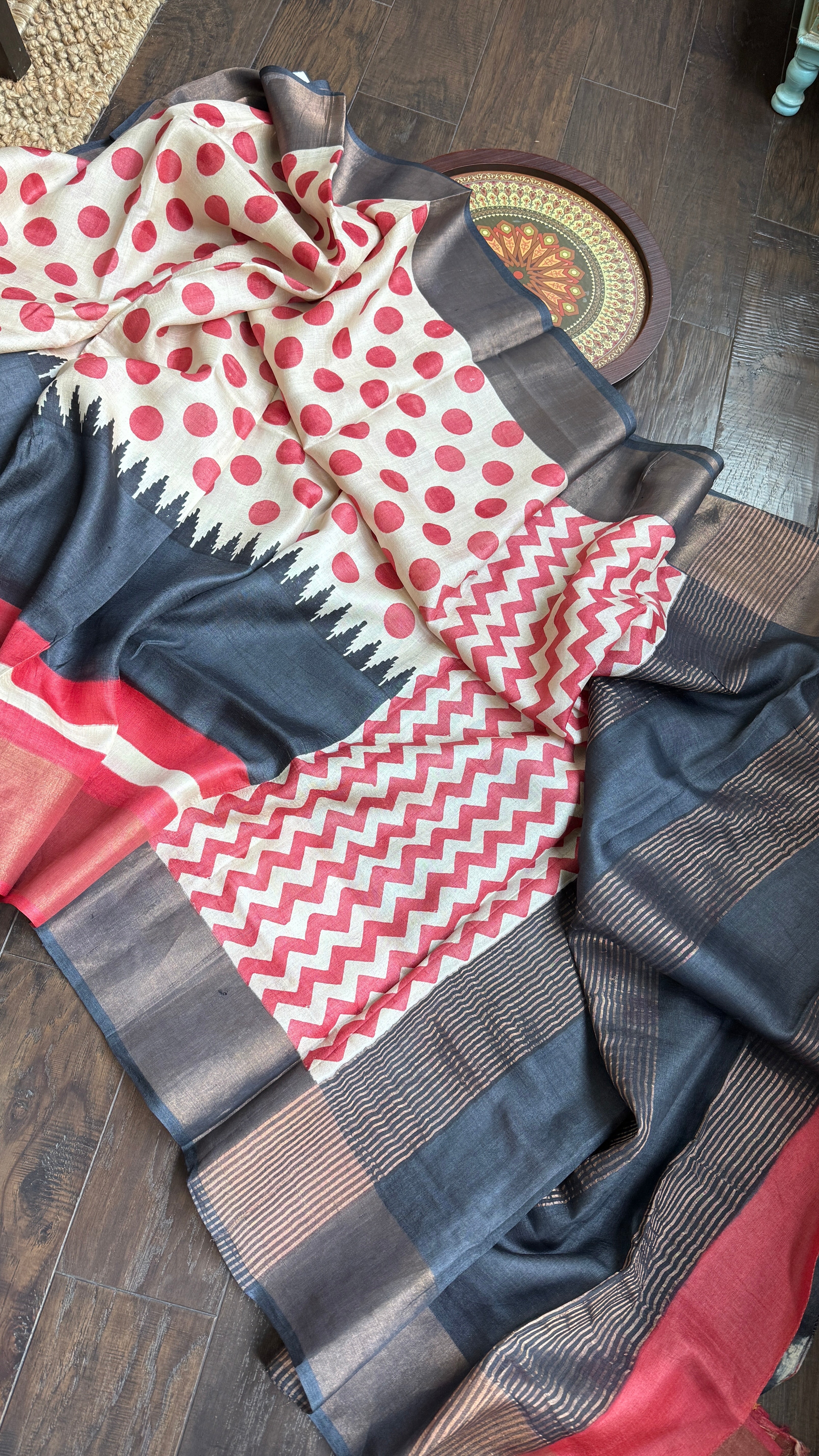 Pure Tussar Silk - Beige Red Black Polka