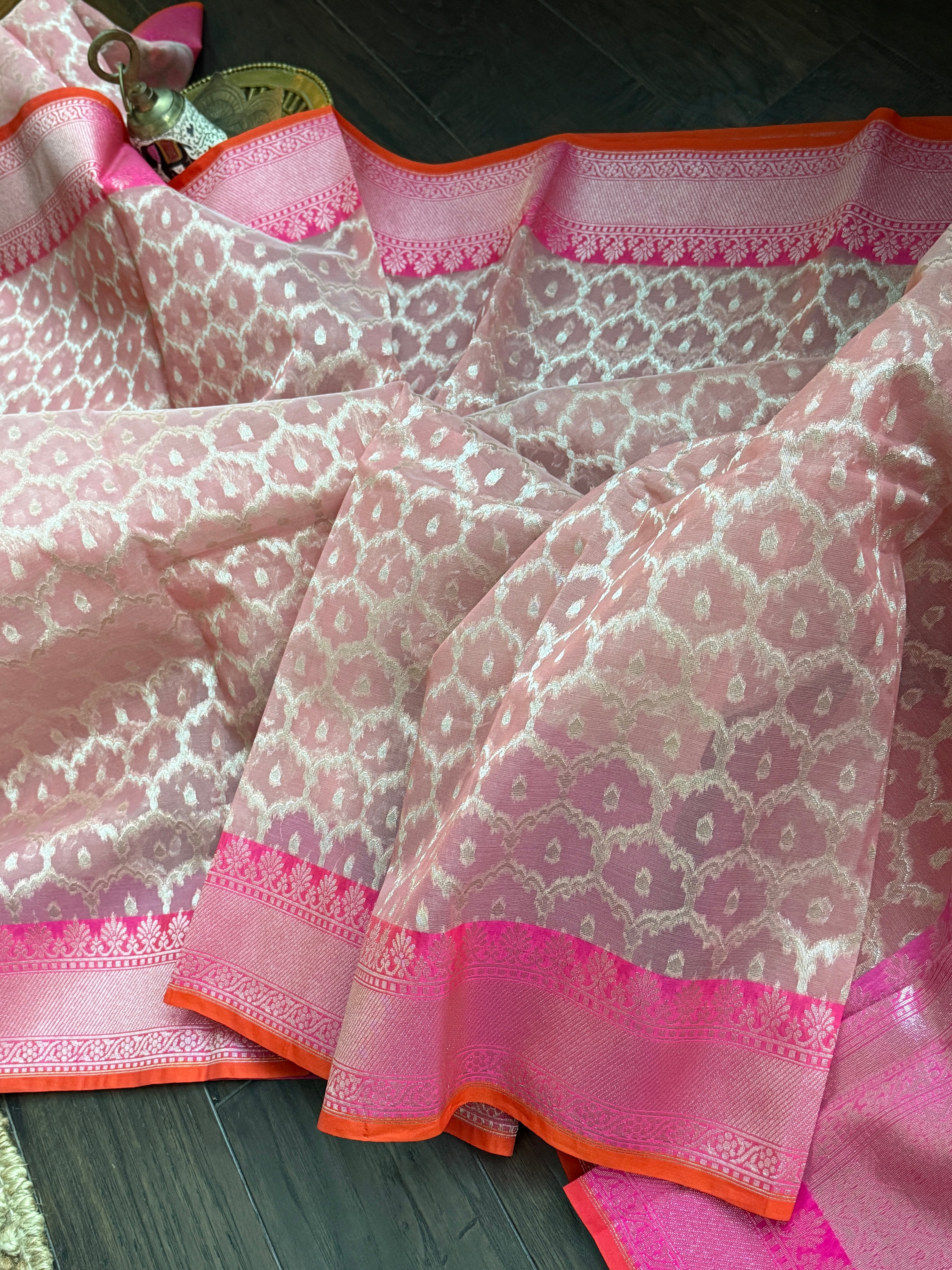 Kora Silk Banaras Chanderi - Peach Pink