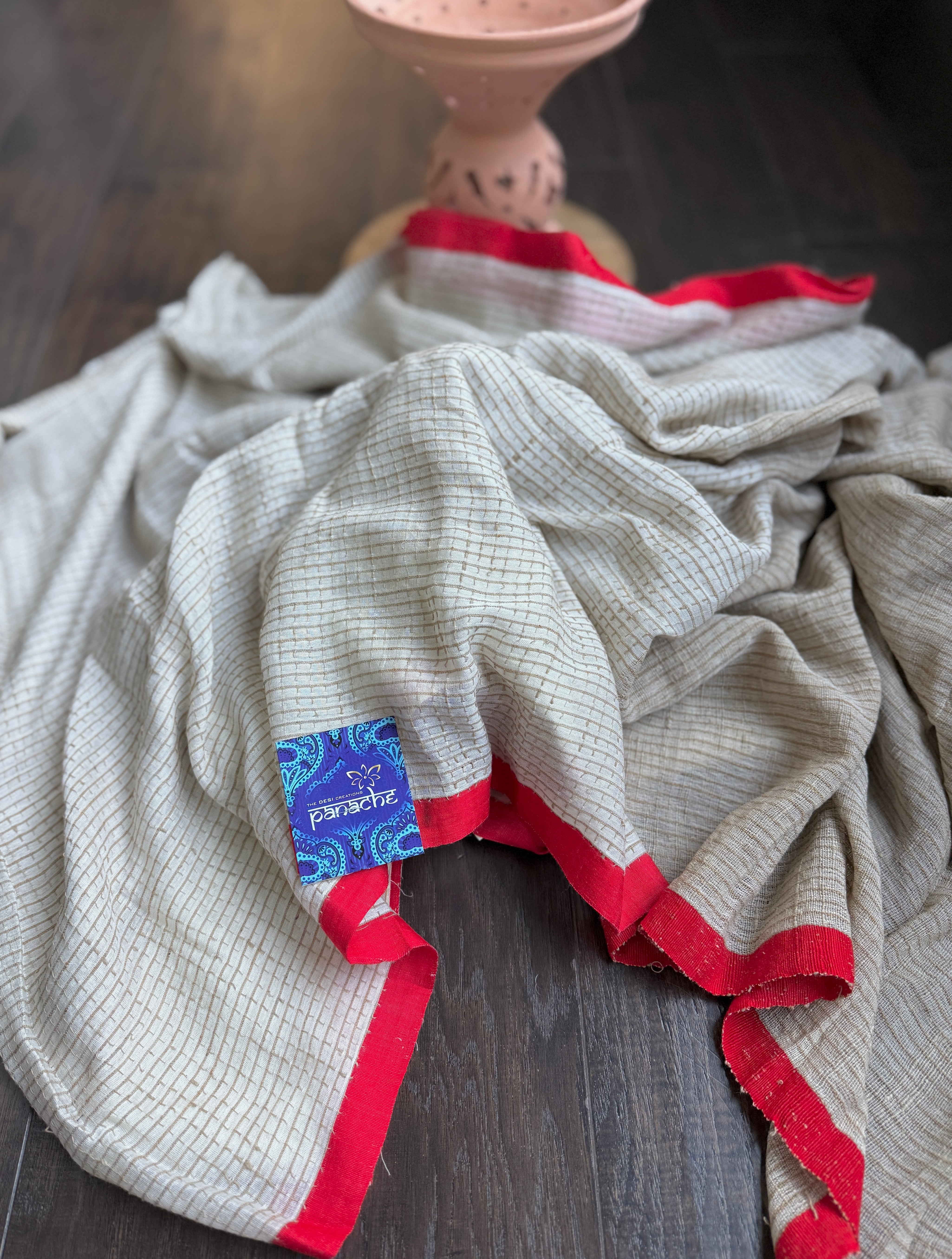Pure Khadi Cotton Jute Handloom - Off White Red
