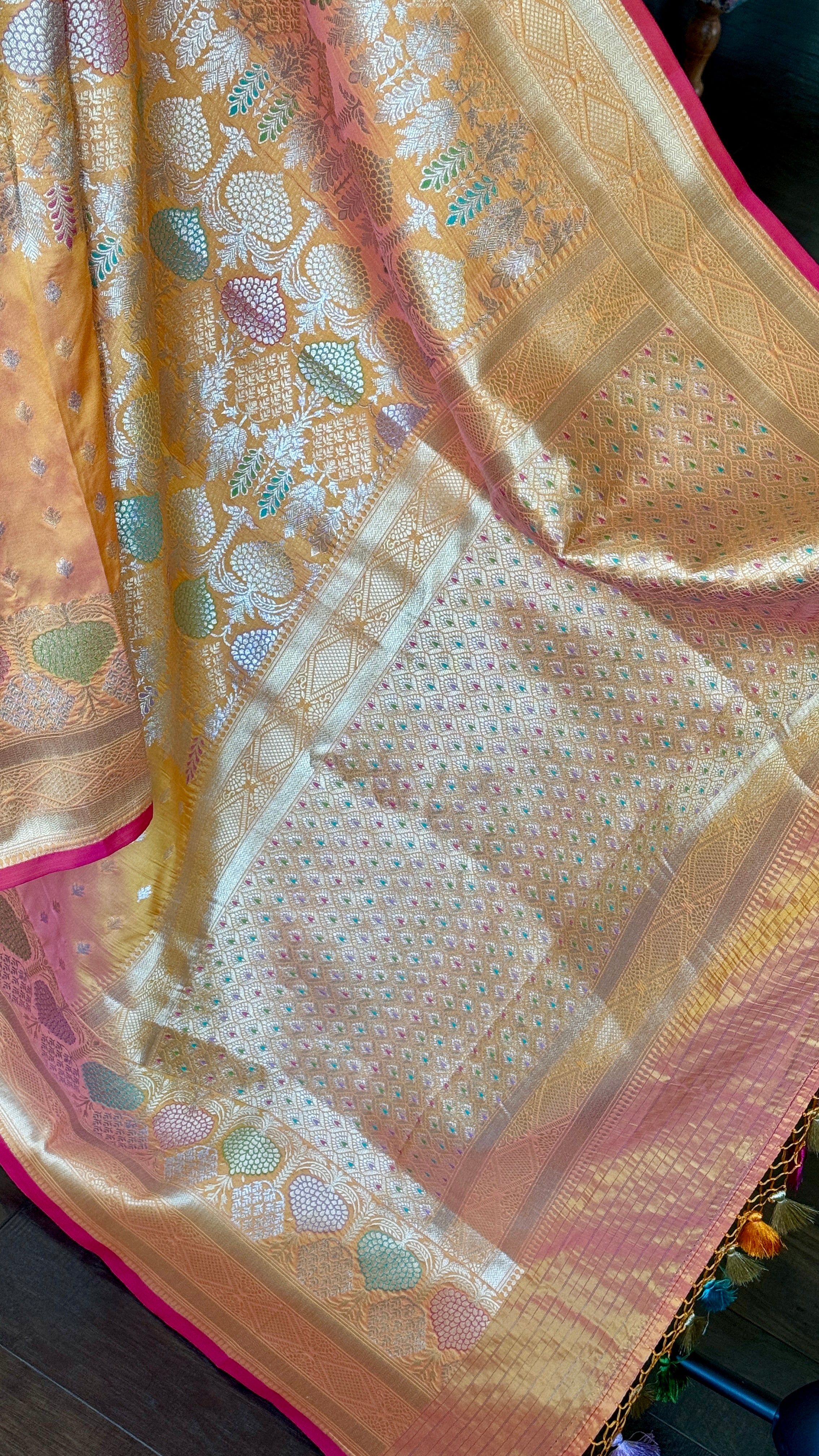 Soft Silk Banaras Brocade Saree - Orange Peach Dual Tone