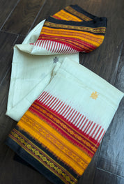 Sambalpuri Handloom Double Ikat *KATHIE-PHERA* Mulberry Silk saree - Off-white Red Yellow Black