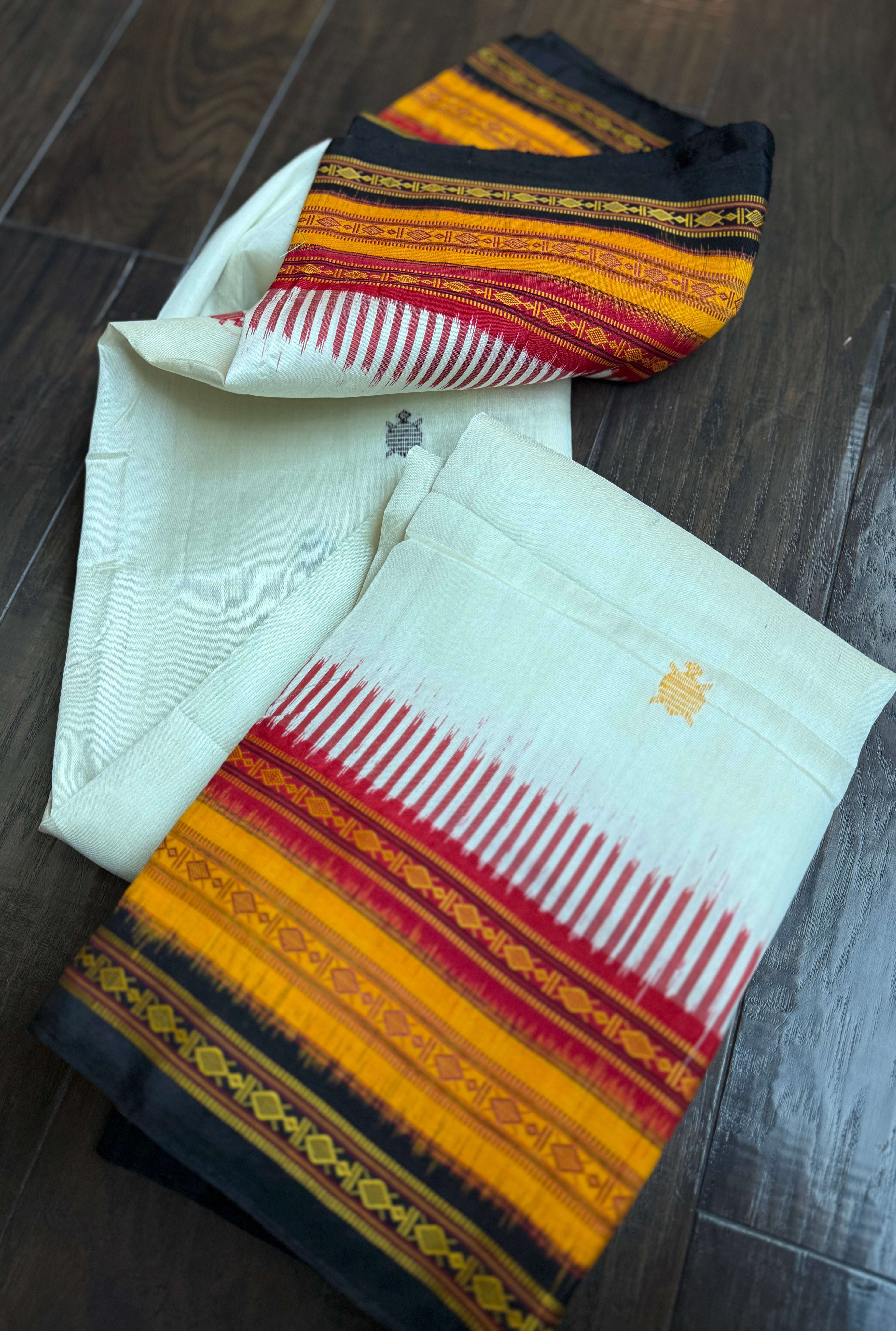 Sambalpuri Handloom Double Ikat *KATHIE-PHERA* Mulberry Silk saree - Off-white Red Yellow Black
