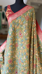 Tussar Silk Kalamkari Banarasi- Green Red