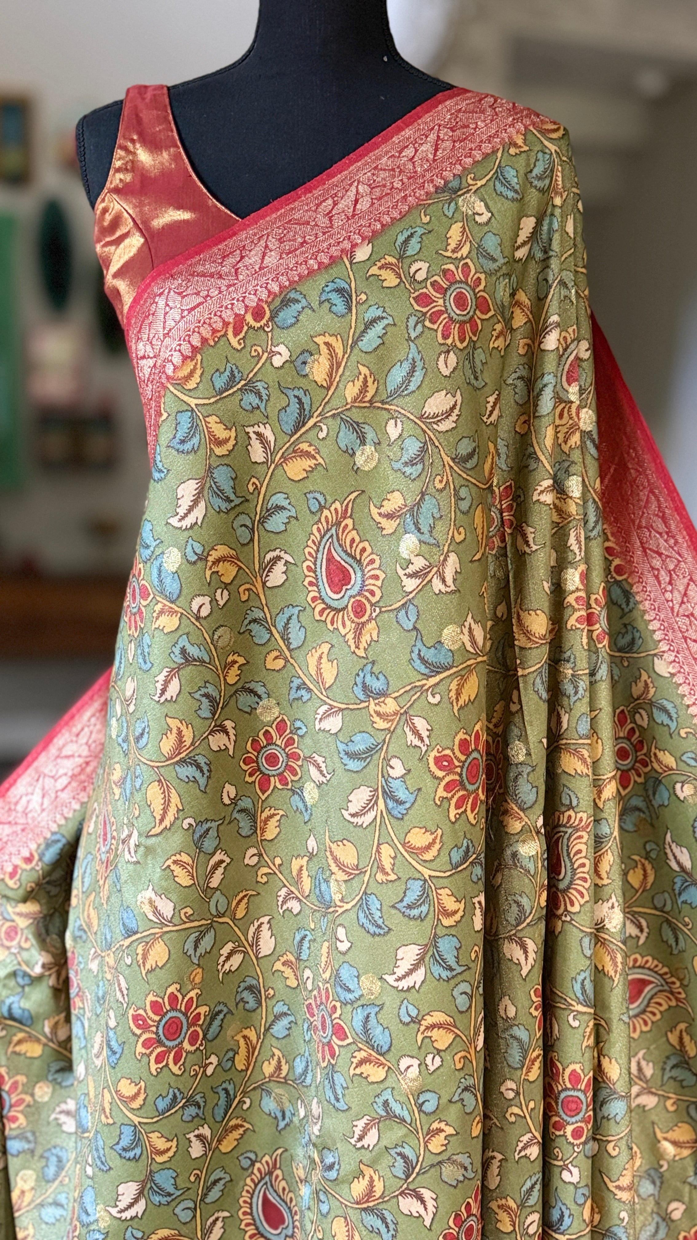 Tussar Silk Kalamkari Banarasi- Green Red
