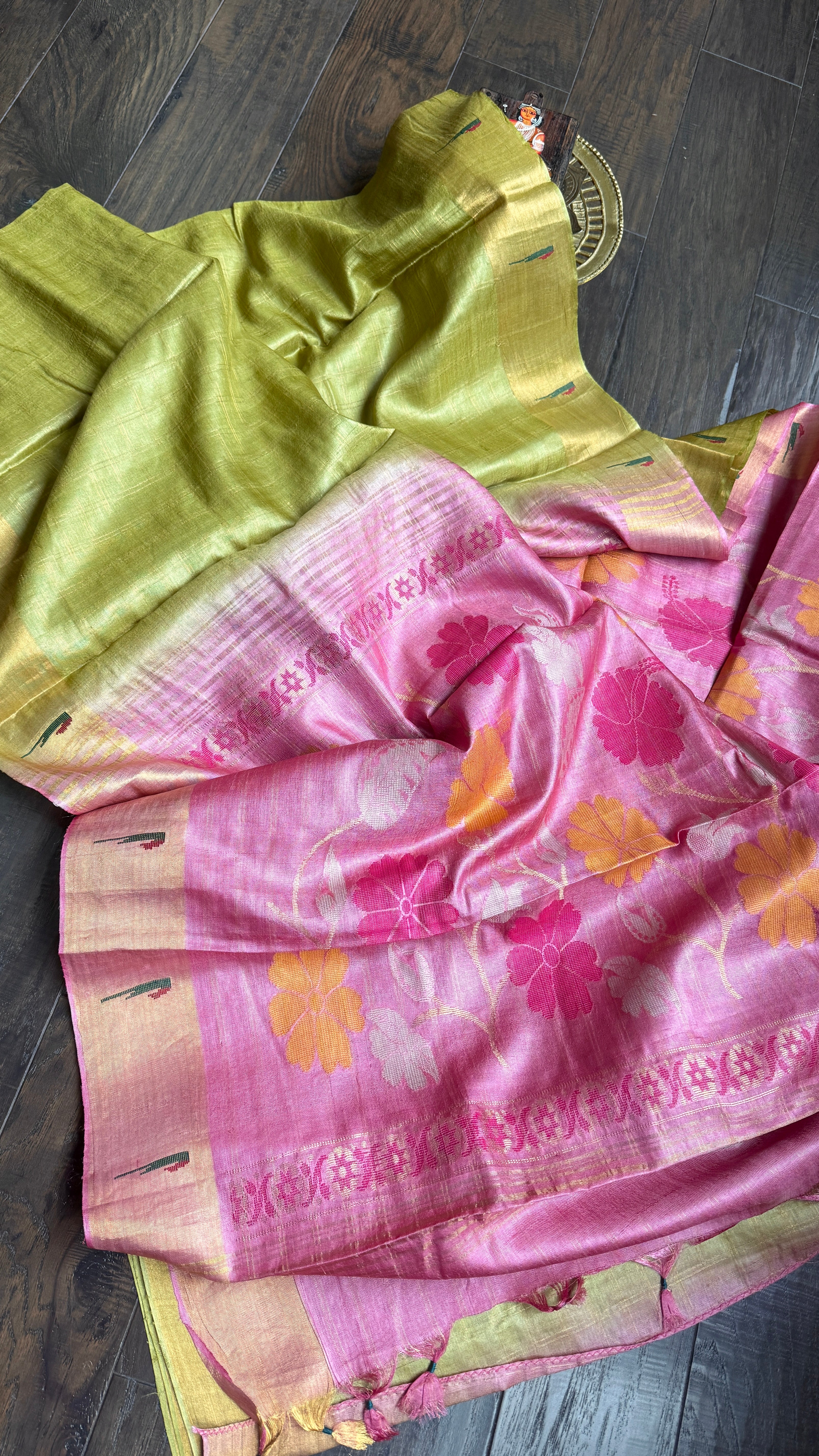 Tussar Silk Paithani Single Munia - Henna Green Handwoven