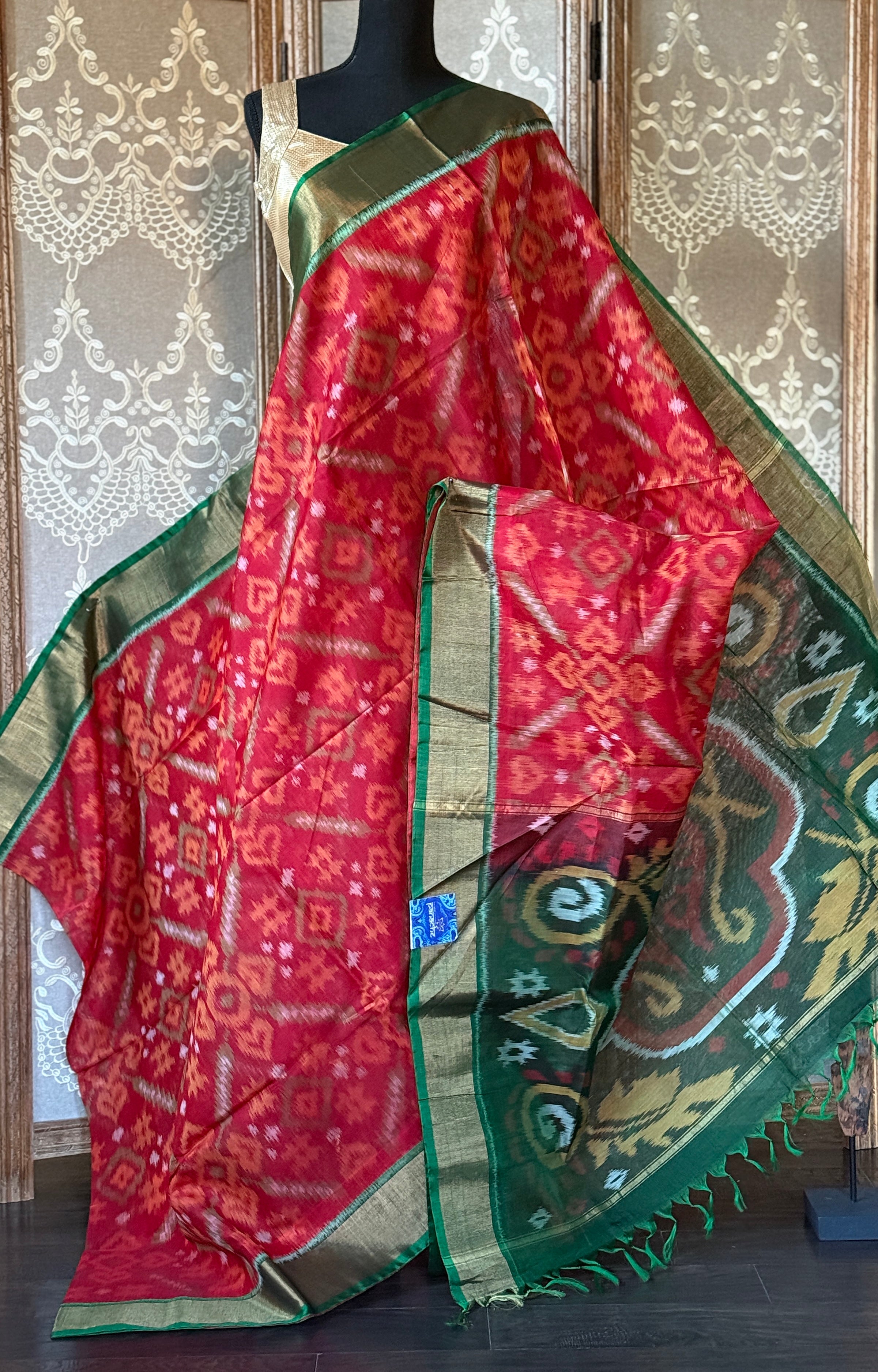 Pure Cotton Silk Ikat - Red Green