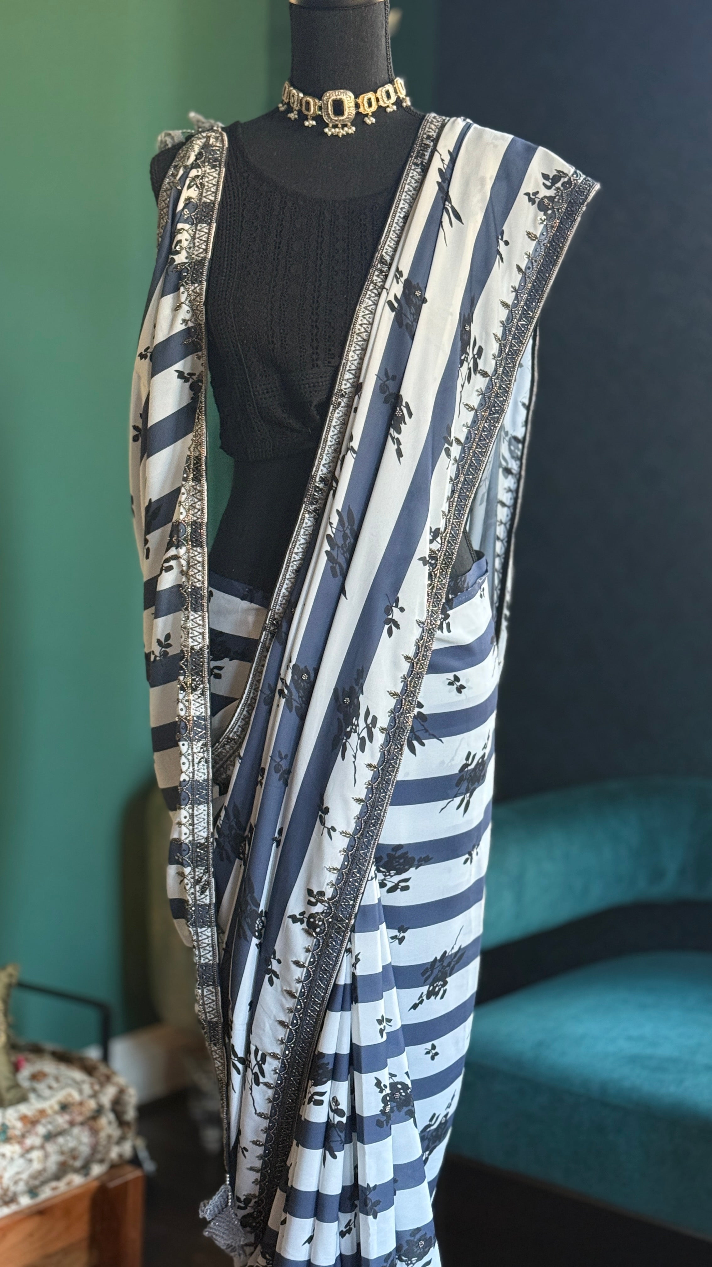 Designer Georgette- White Blue Black