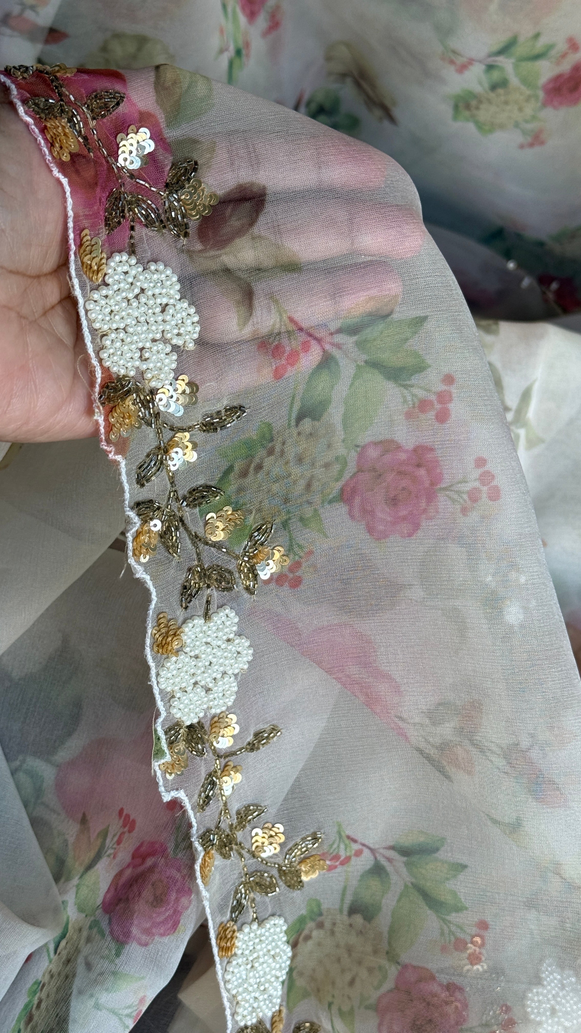 Designer Organza Floral - Cream Hand-embroidered Border