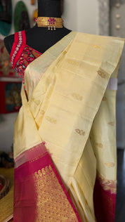 Pure Silk Borderless Kanjivaram - Butter Yellow Magenta Woven