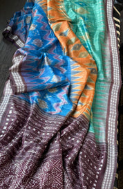 Gopalpur Tussar Silk Ikat - Sea green Plum Orange