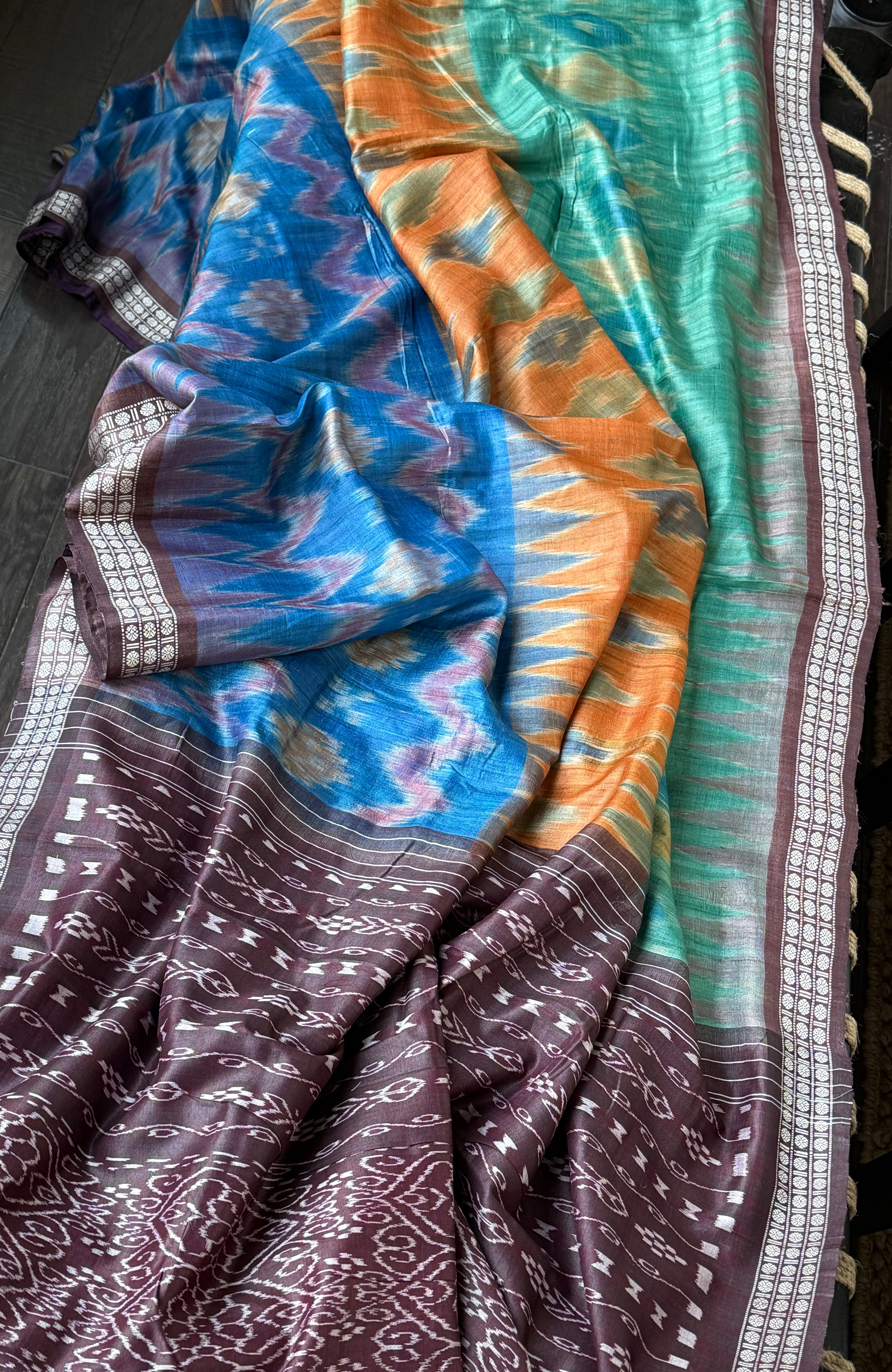 Gopalpur Tussar Silk Ikat - Sea green Plum Orange