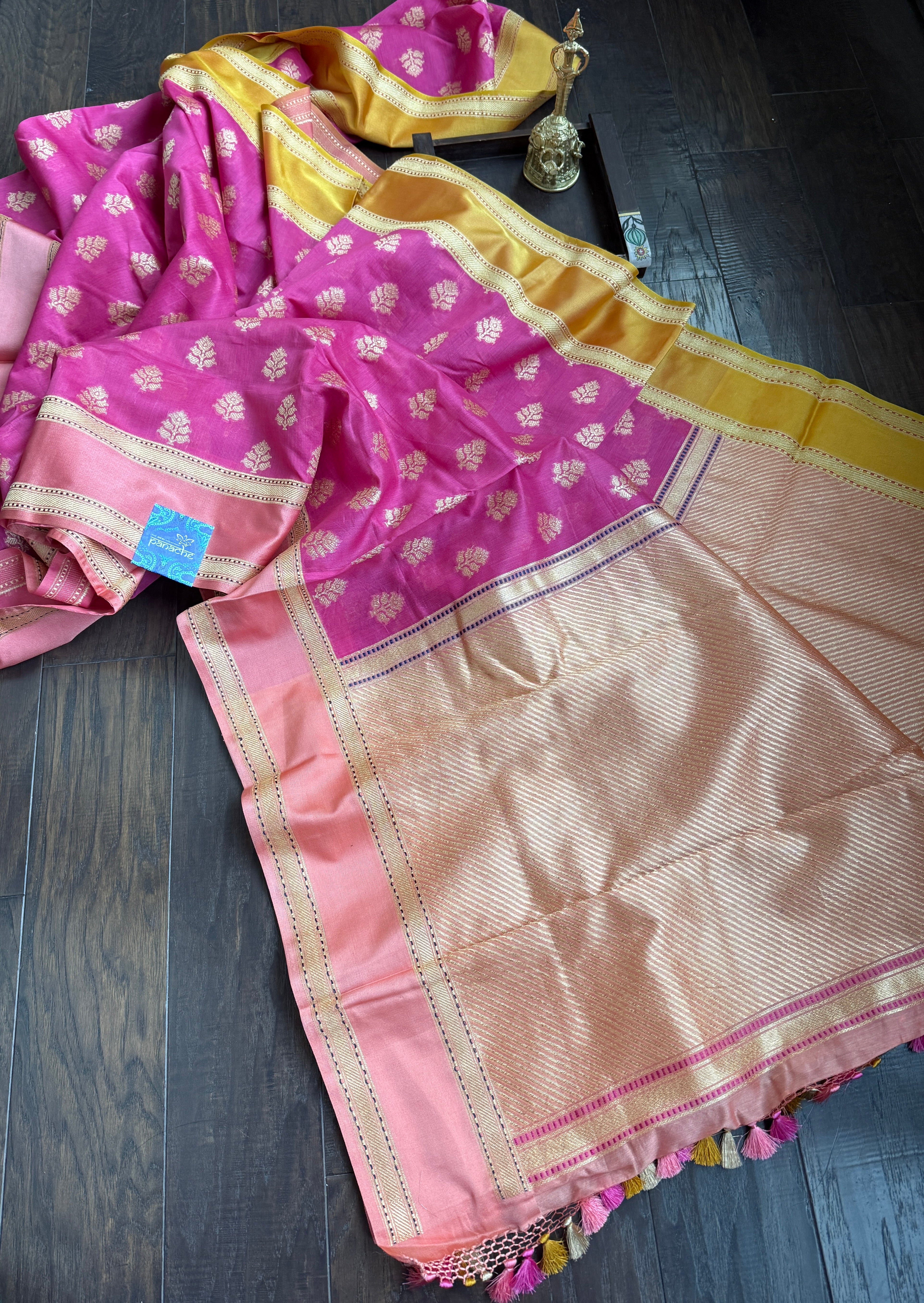 Pure Cotton Banarasi Satin border - Pink Ganga Yamuna Woven
