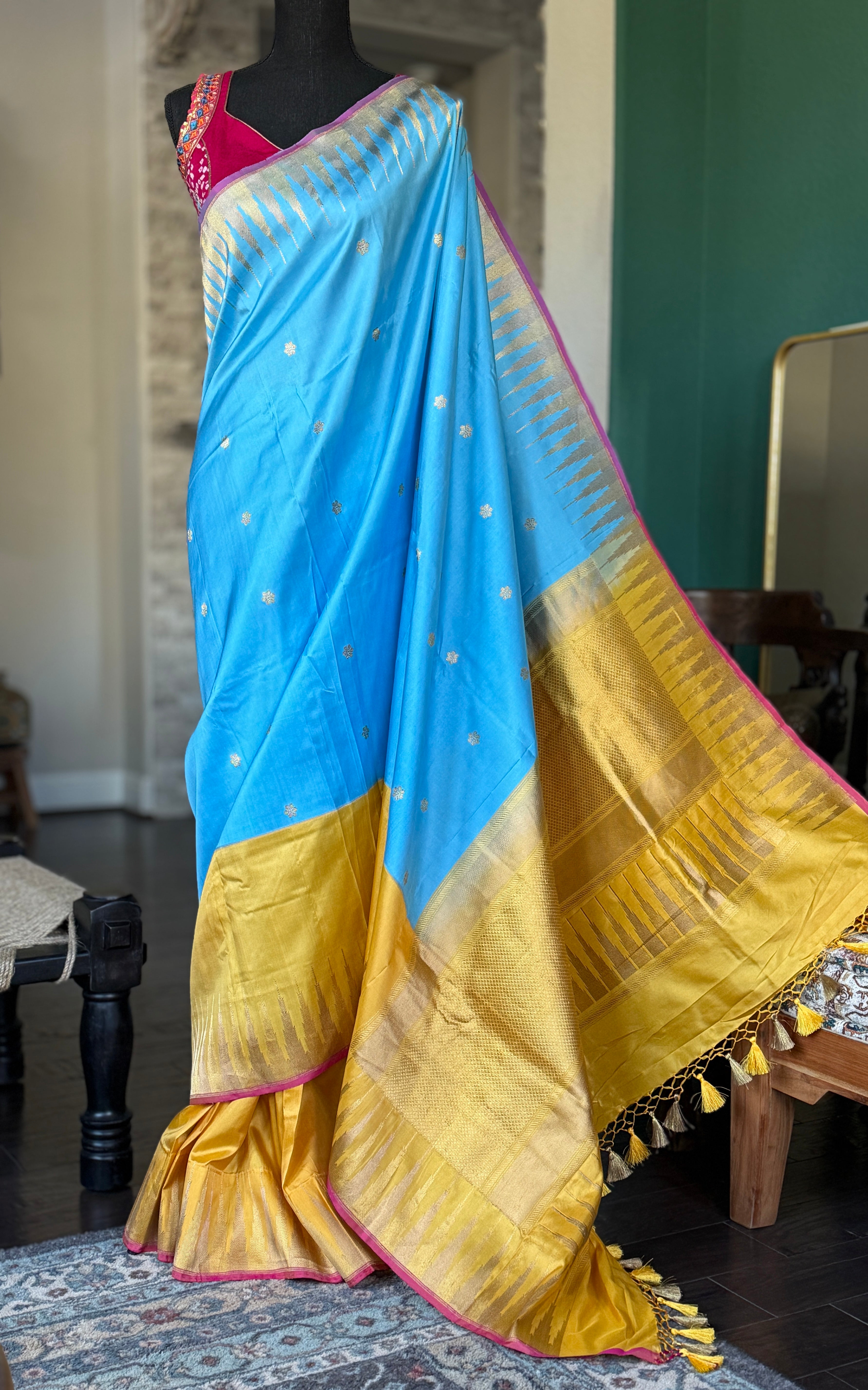 Pure Silk Katan Banarasi - Blue Yellow Kadwa