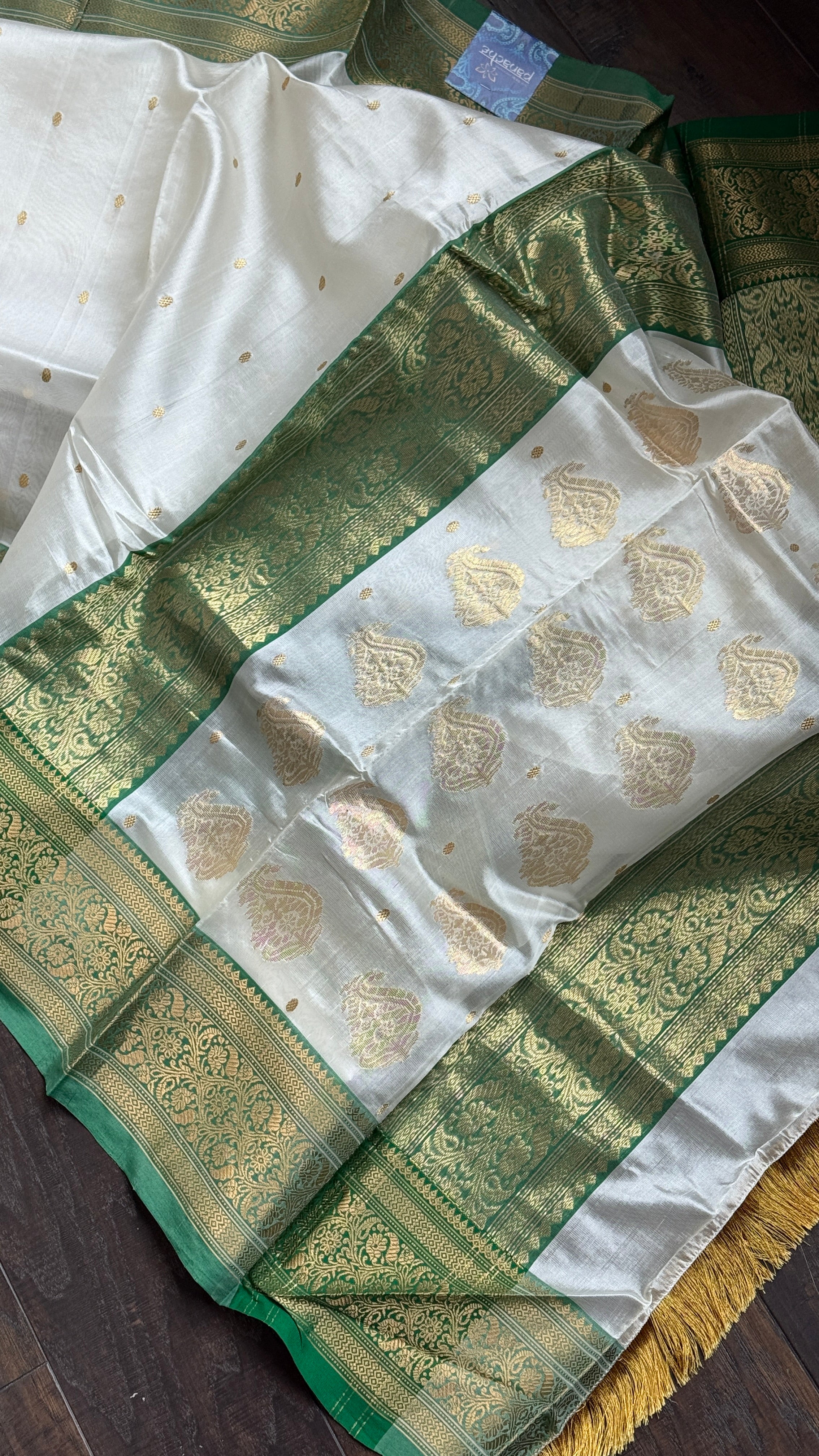 Pure Chanderi Pattu Silk - Cream Green Gold Zari Woven