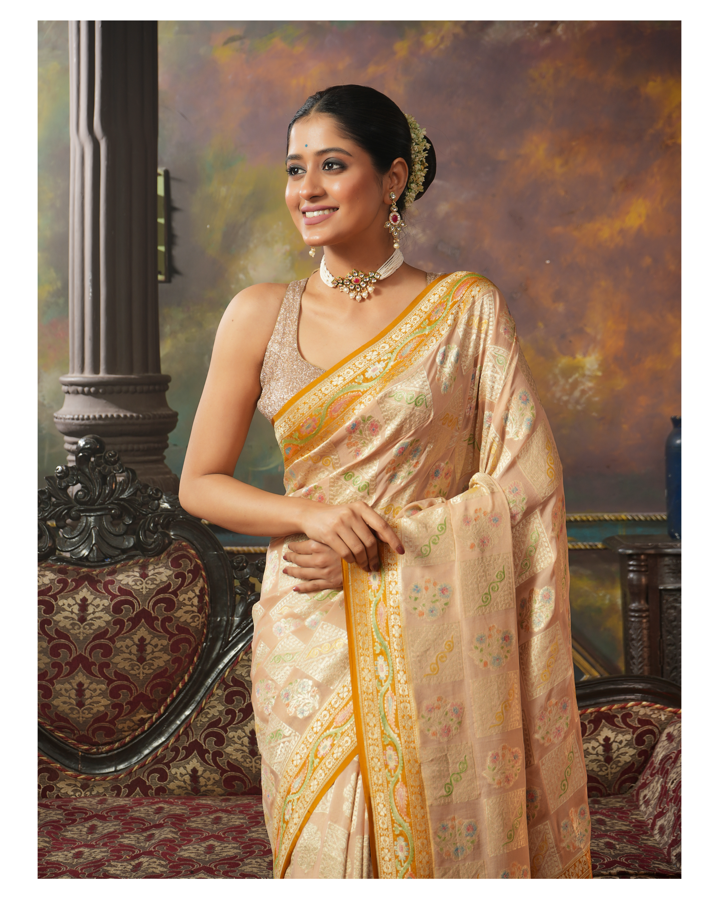 Khaddi Georgette Banarasi - Light Peach Cream Hand Brush Painted