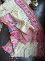 Pure Tussar Silk - Beige Striped Multi color