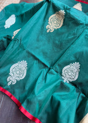 Pure Katan Silk Borderless Banarasi - Dark Green Red Kadhua