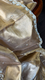 Designer Tissue Silk - Silver Golden Embroidered