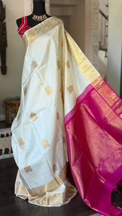 Pure Silk Kanjivaram - White Pink Woven