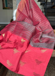Pure Khadi Silk by Tissue Handloom - Rust Red Bird Motifs