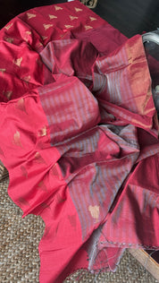 Pure Khadi Silk by Tissue Handloom - Rust Red Bird Motifs