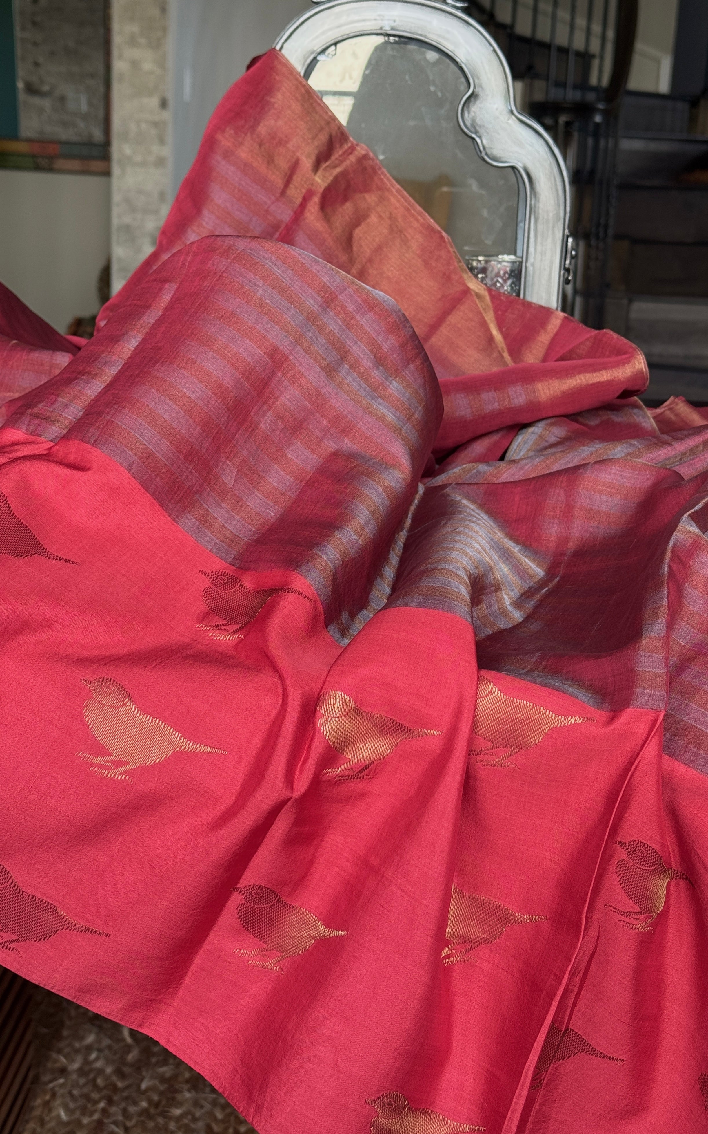 Pure Khadi Silk by Tissue Handloom - Rust Red Bird Motifs