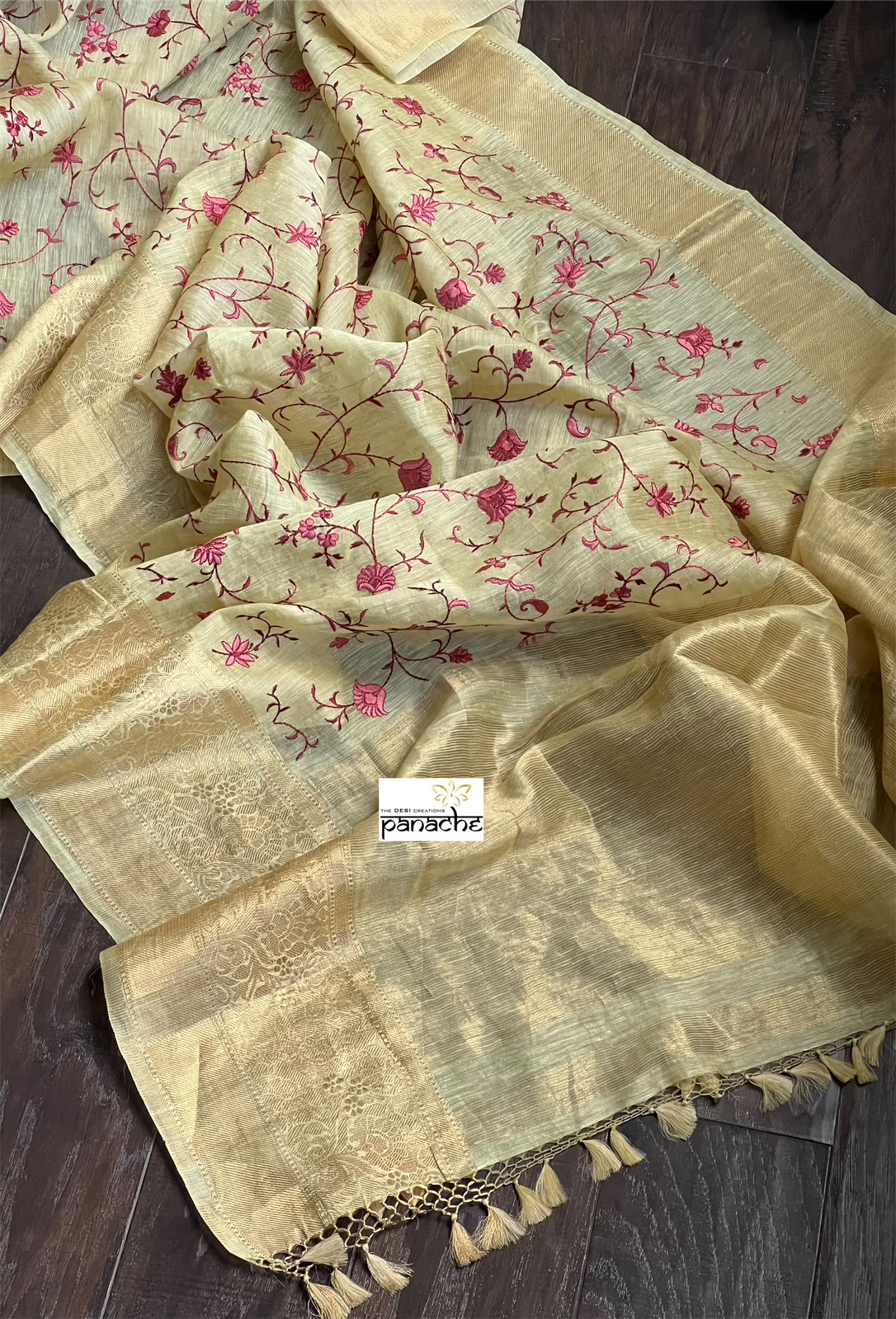 Embroidered Linen Silk Banarasi- Light Greenish Yellow
