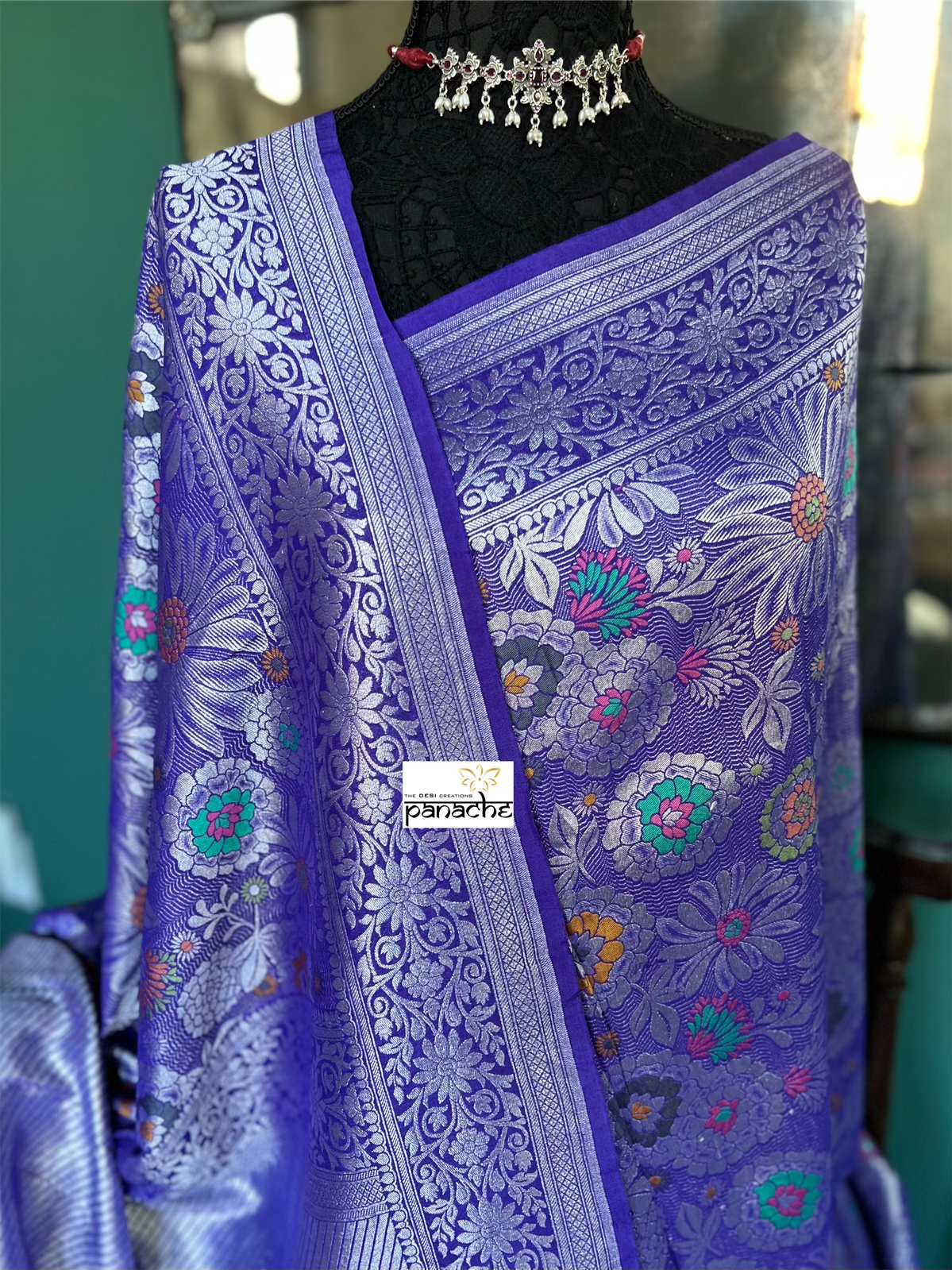 Tussar Georgette Banarasi - Purplish Blue Multi Meenakari