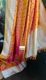 Pure Silk Mashru Silk Banarasi- Mustard Yellow Pink