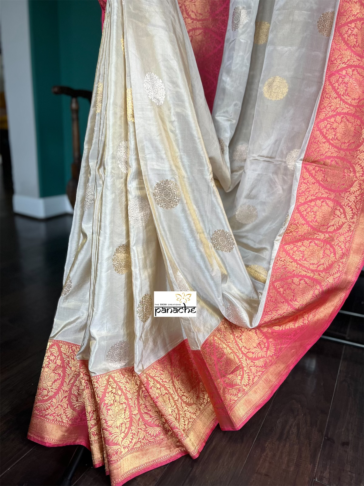 Pure Tissue Katan Silk Banarasi - Golden Beige Magenta Pink