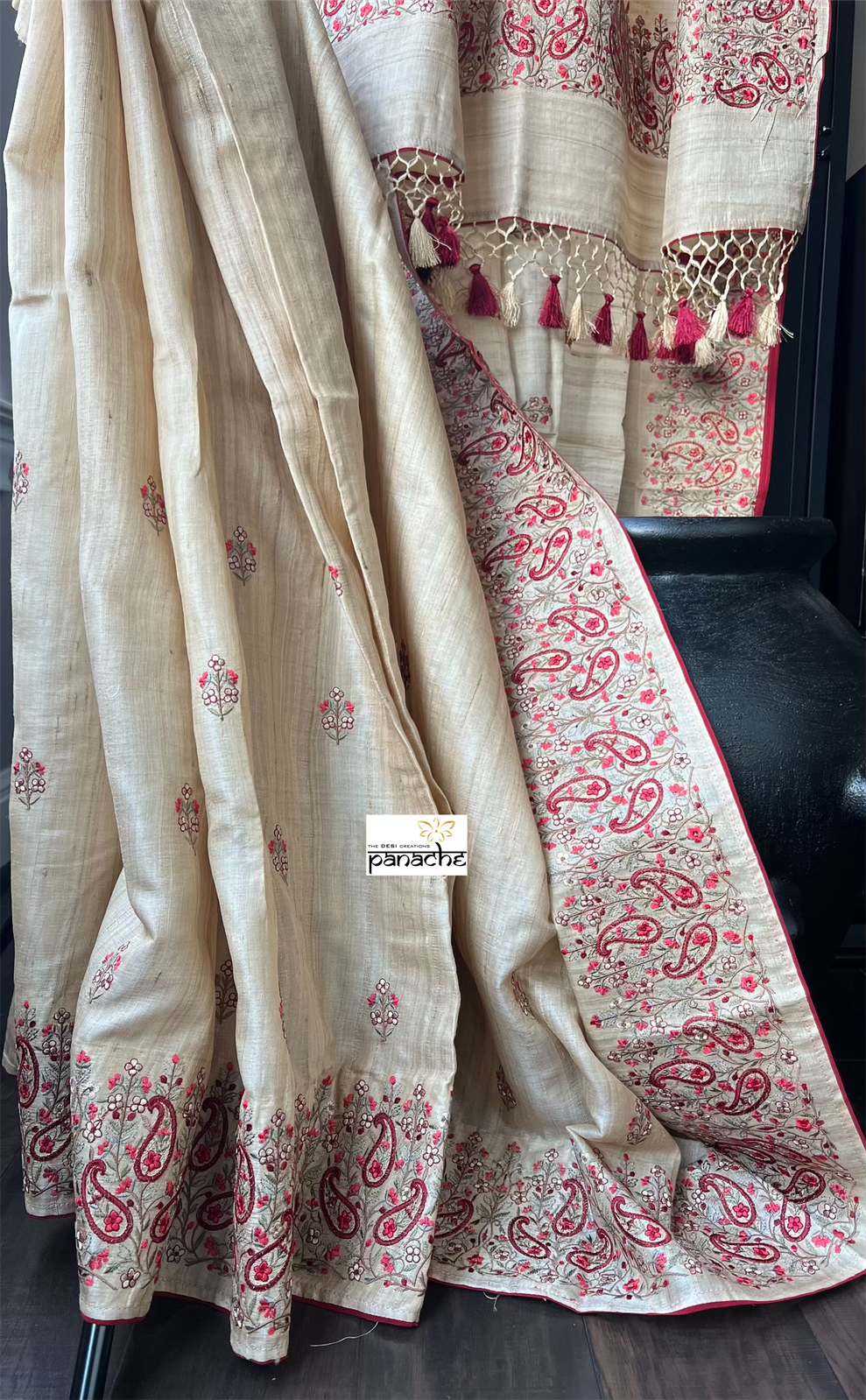 Embroidered Tussar Silk - Beige Red Paisley