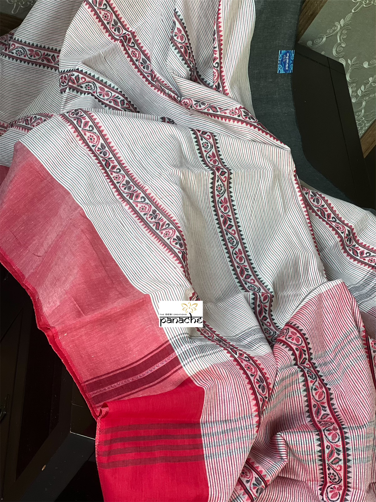 Dhonekhali Cotton Saree - White Red Black