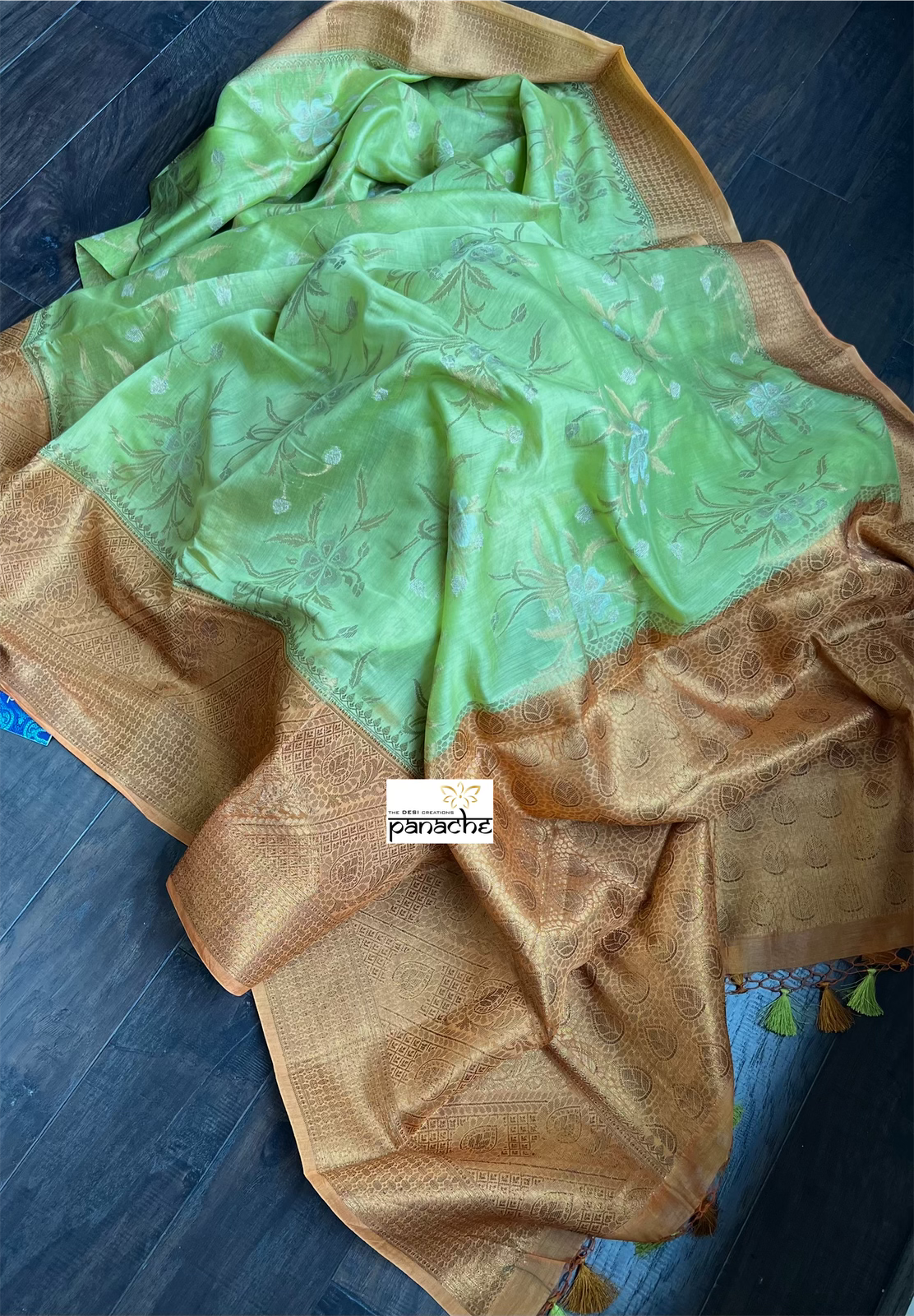 Mulmul Tissue Cotton Banarasi - Pista Green Orange Golden Zari