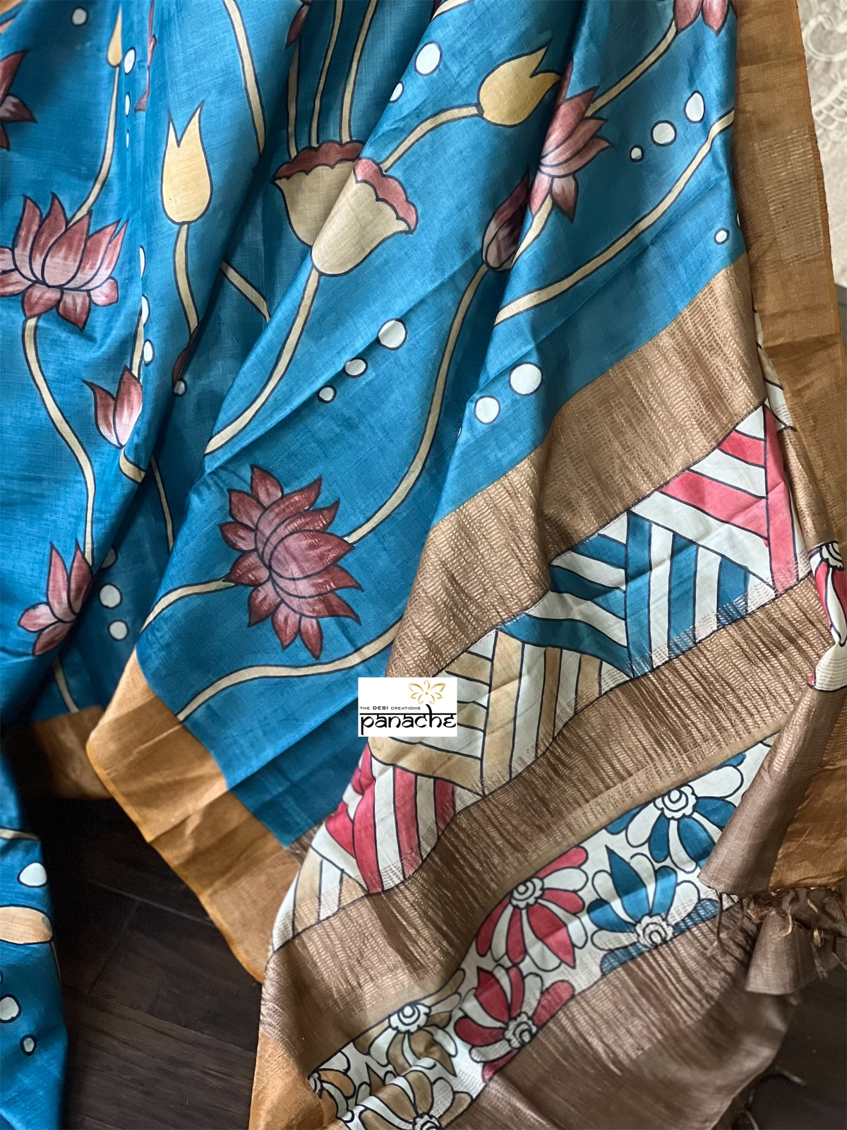 Pen Kalamkari Tussar Silk - Teal Blue Ochre Yellow