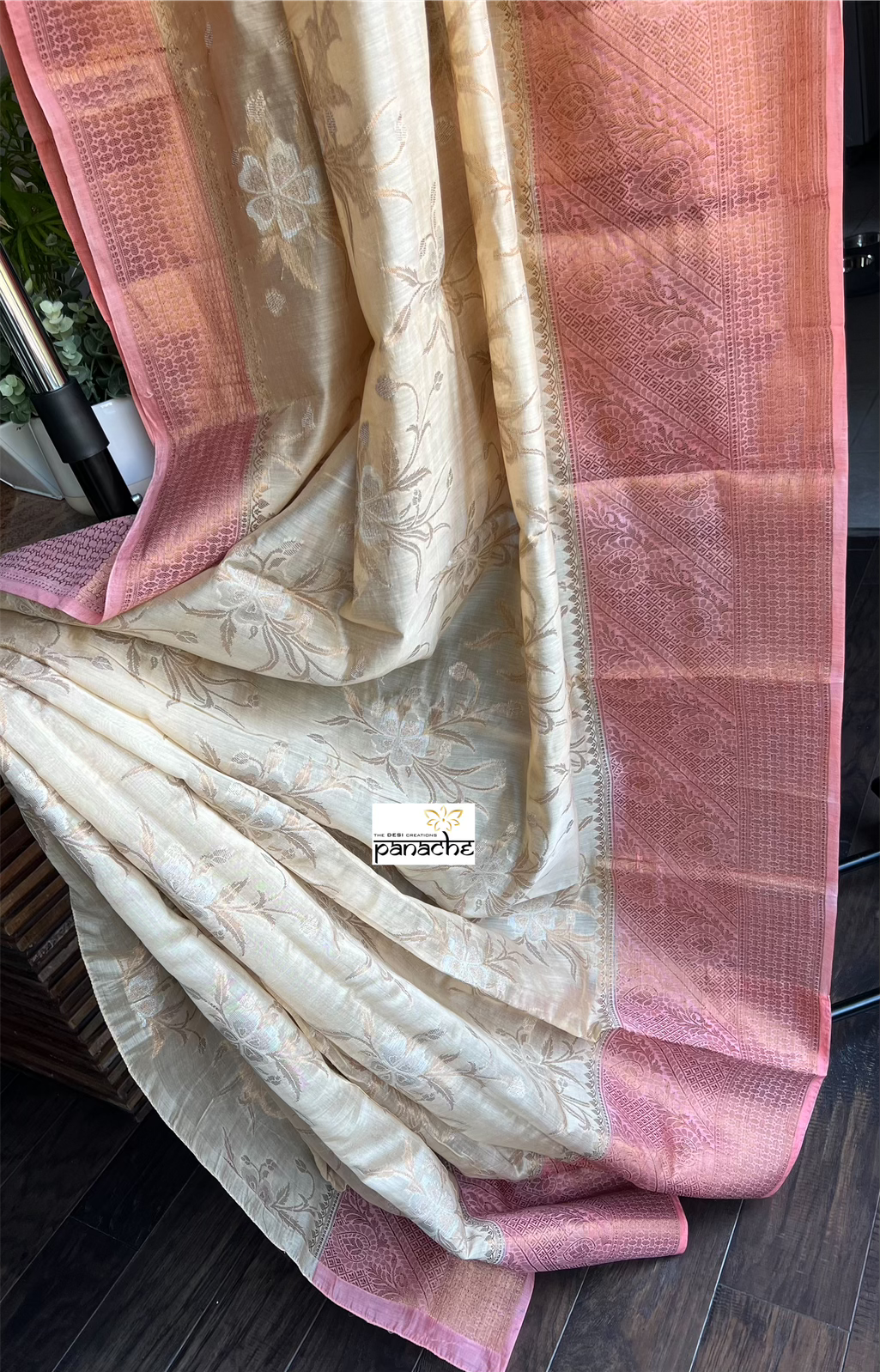 Mulmul Tissue Cotton Banarasi - Tan Beige Pink Golden Zari