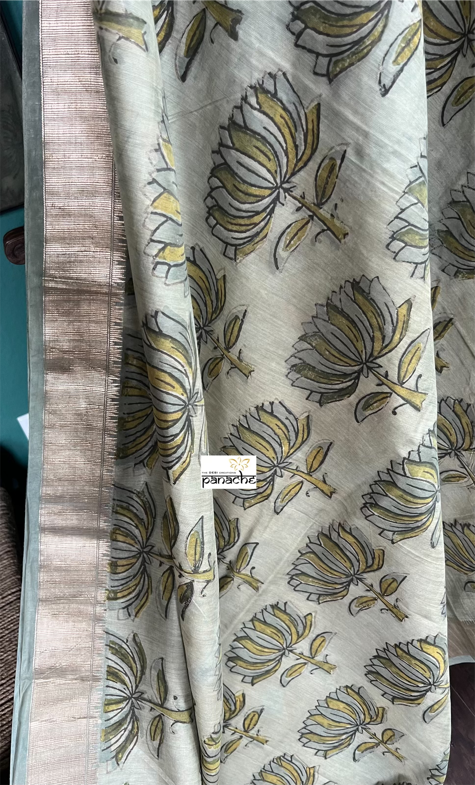 Pure Maheshwari Silk Mud Print - Light Moss Green lotus