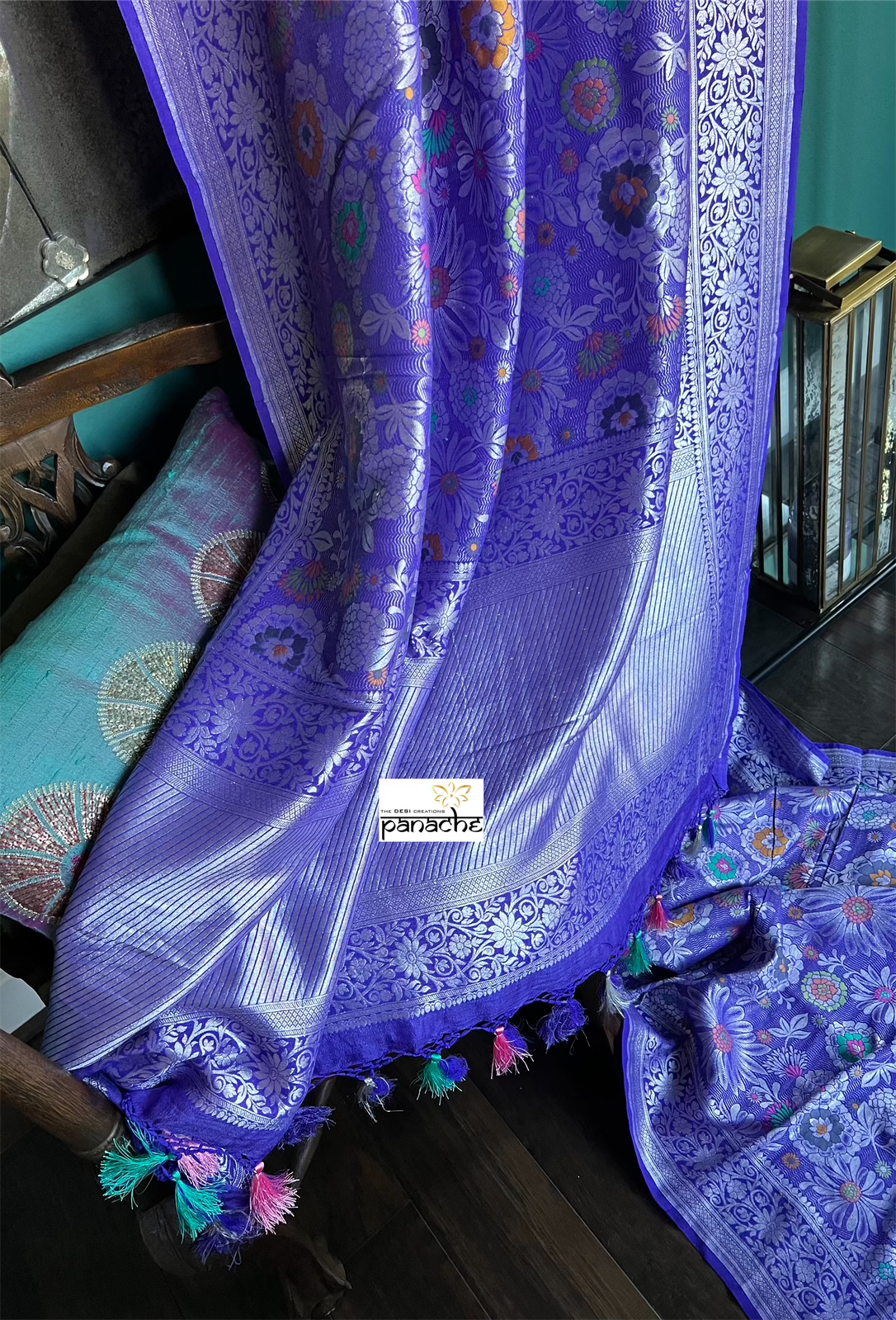 Tussar Georgette Banarasi - Purplish Blue Multi Meenakari