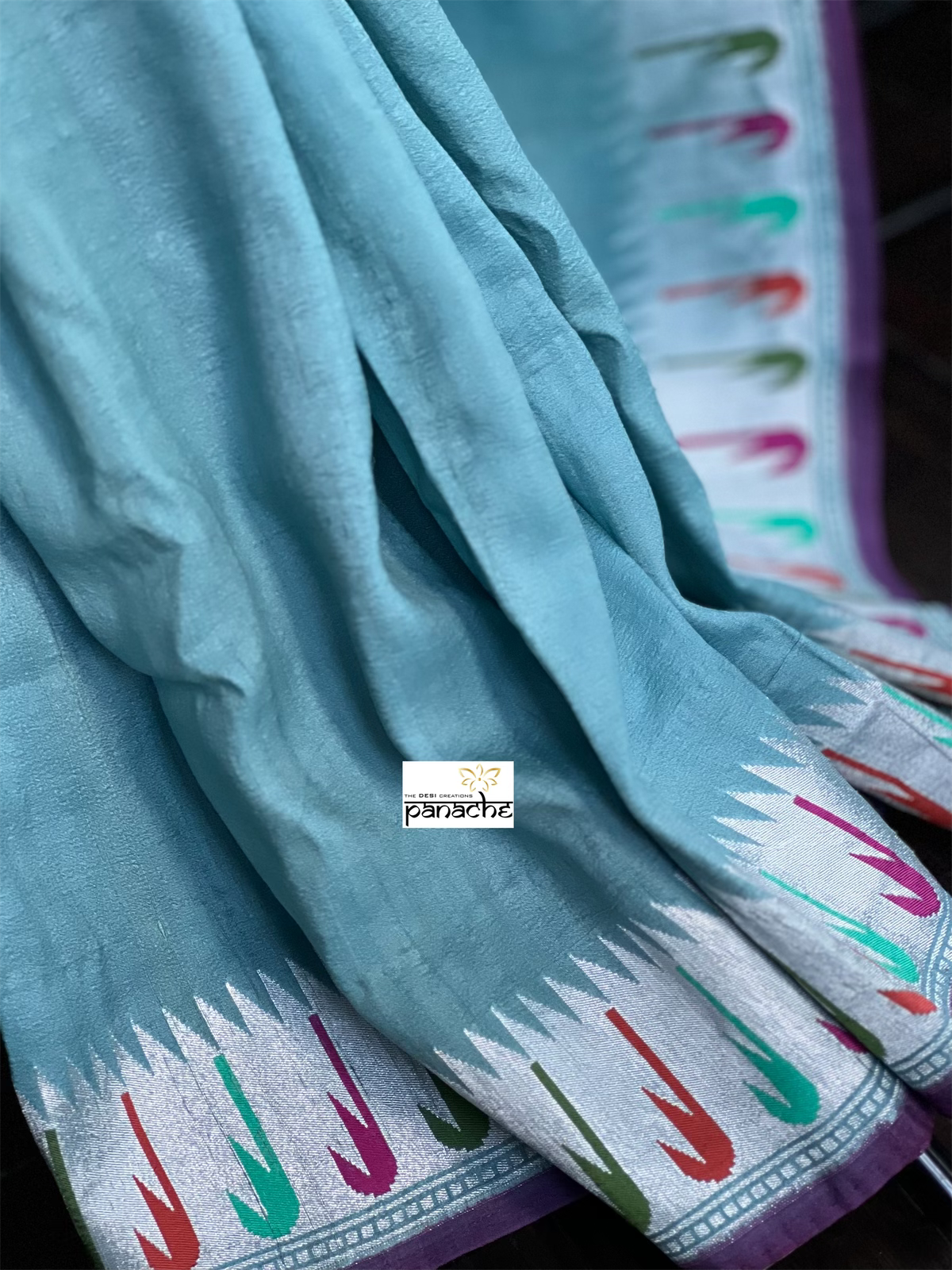 Tussar Georgette Banarasi- Teal Blue Grey Antique Silver