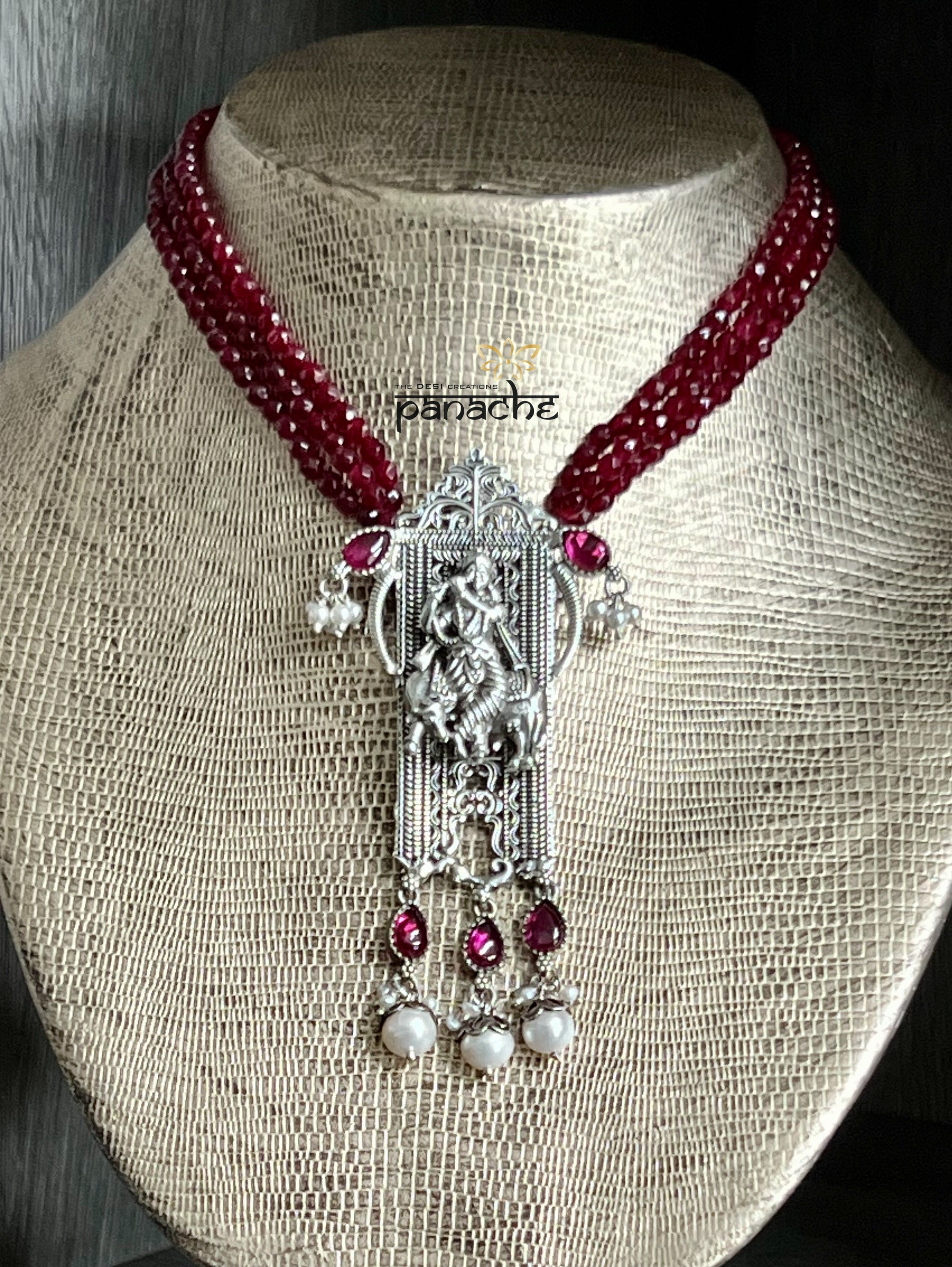 Silver Beaded Necklace - Krishna Pendant