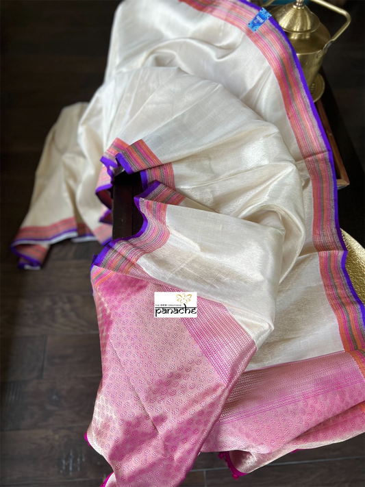 Pure Tissue Silk Banarasi - Offwhite Golden Purple