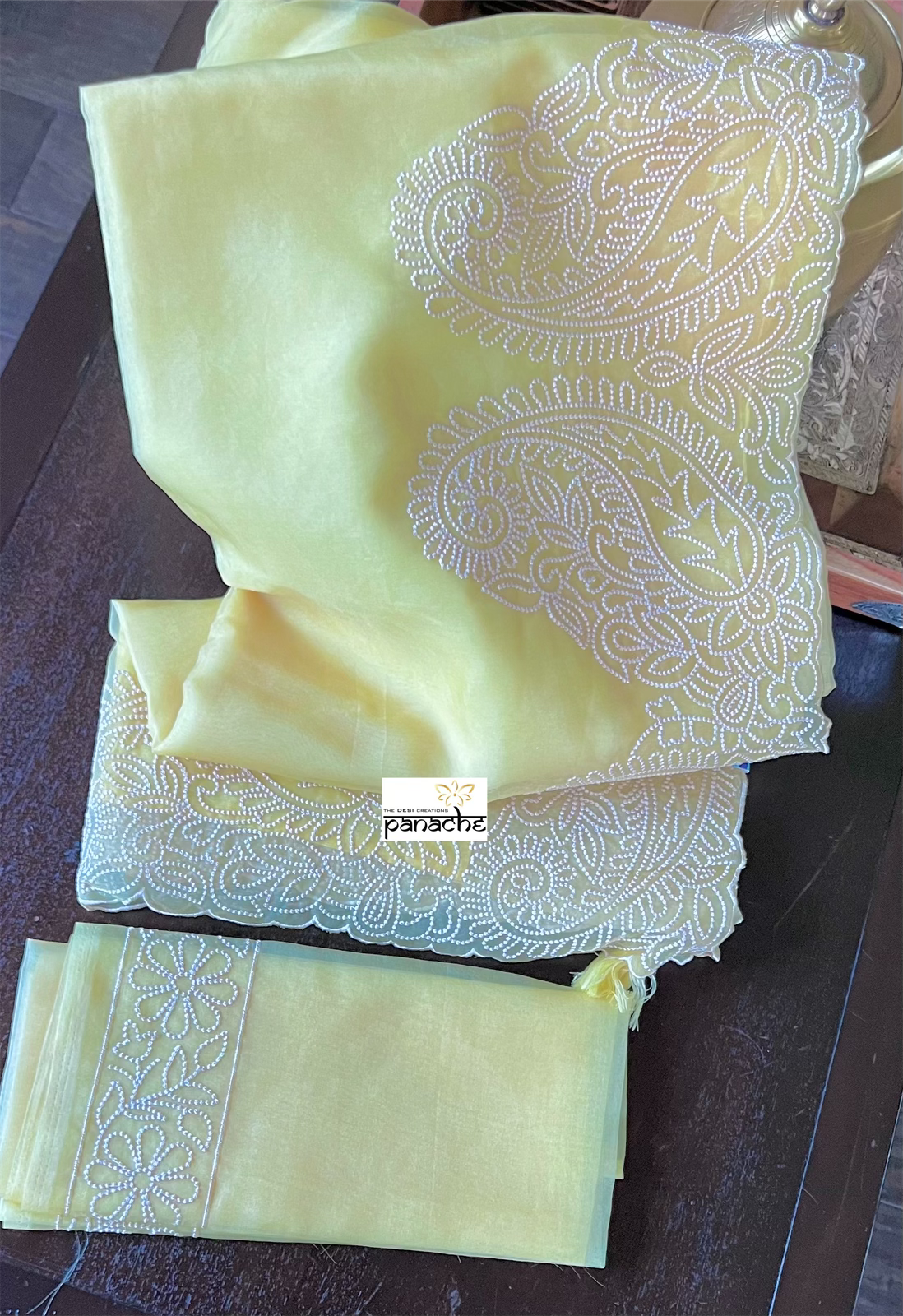 Designer Organza - Light Lemon Yellow Embroidered
