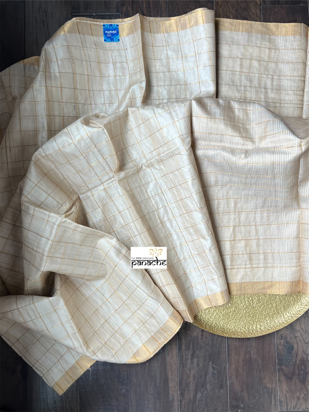 Tussar Silk - Beige Golden Zari checks