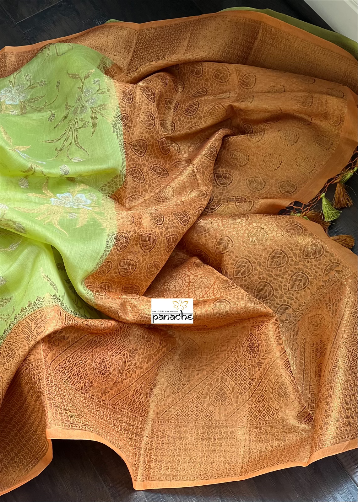 Mulmul Tissue Cotton Banarasi - Pista Green Orange Golden Zari