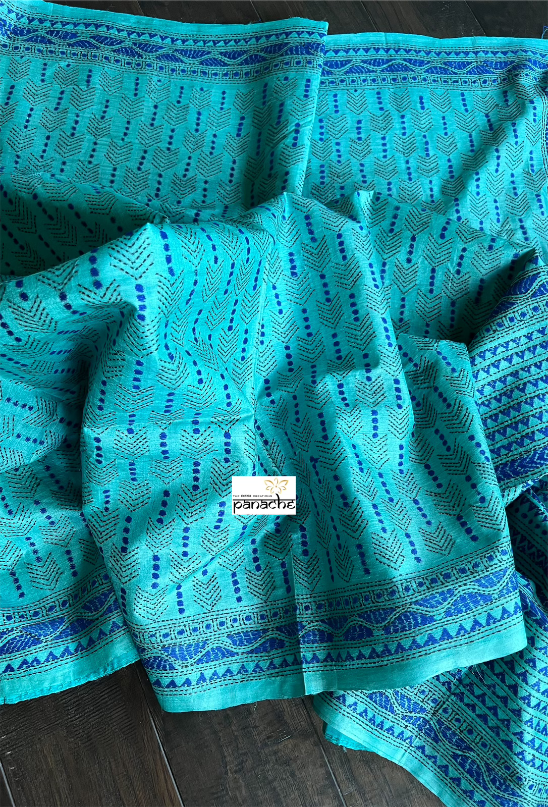 Pure Tussar Silk Kantha Stitch -  Firozi Blue