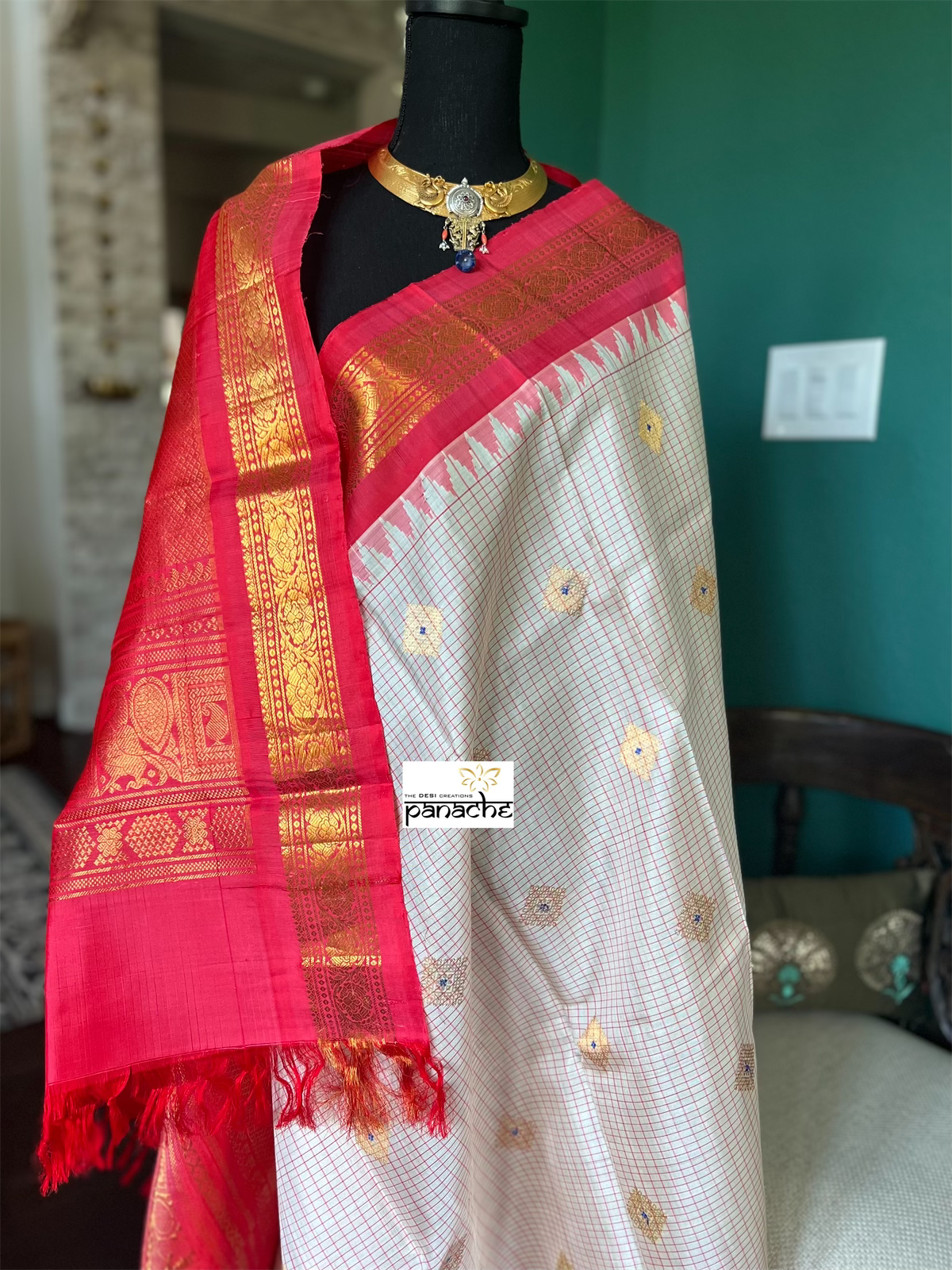 Pure Silk Gadwal - Cream Raspberry Red