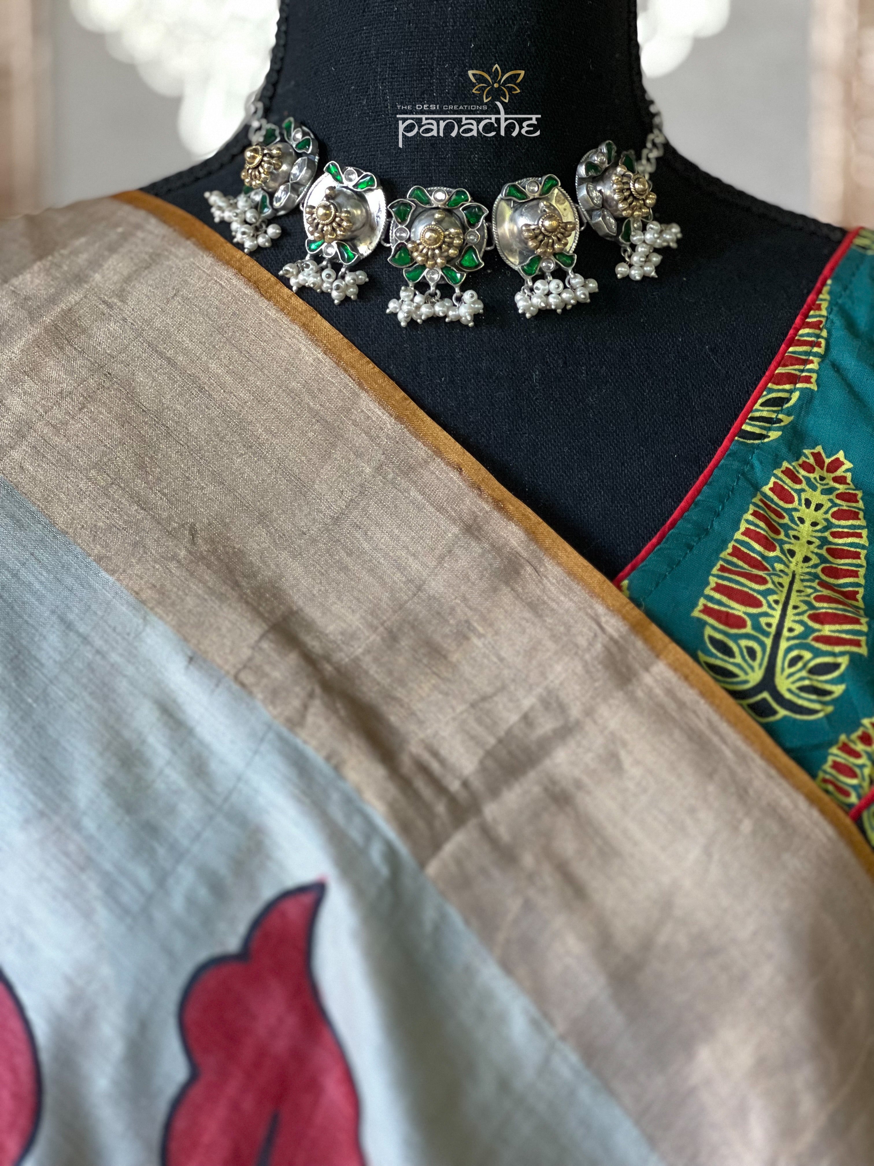 Silver 925 Choker Earring Set - Green Kundan