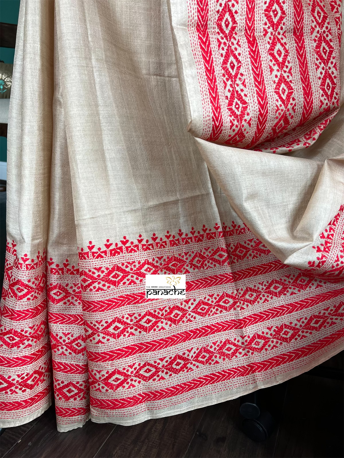 Pure Tussar Silk Kantha Stitch -  Beige Red